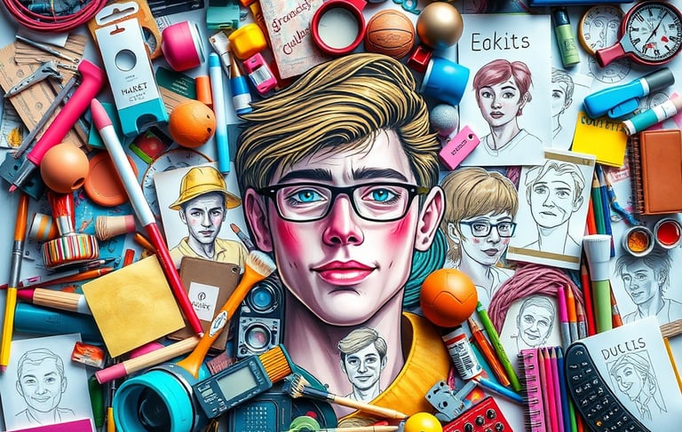 un homme avec des lunettes, un crayon et des crayons
