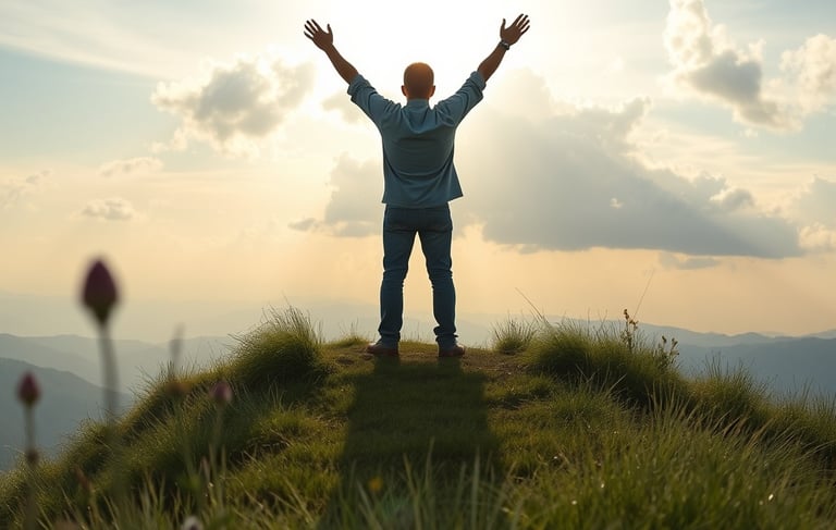 un homme debout sur une colline, les bras levés et les bras levés