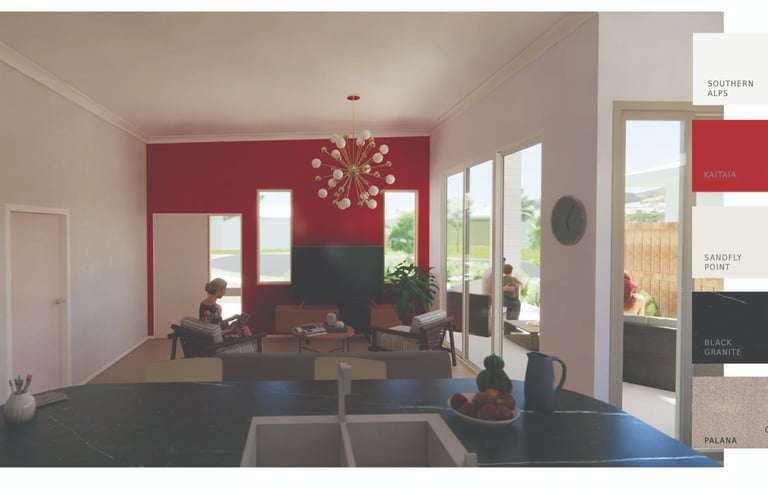 a life like architectural render of a concept a living room with a chandelier