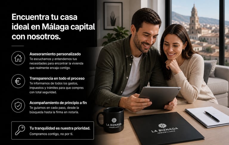 pareja comprando vivienda en Málaga capital con asesoramiento inmobiliario