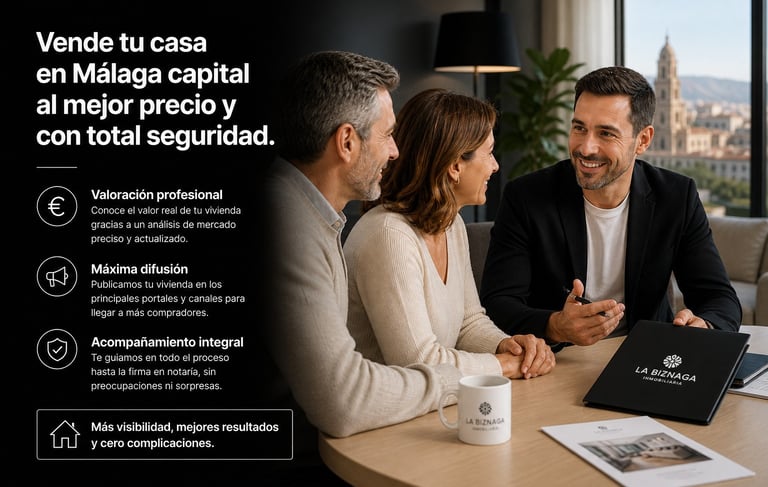 agente inmobiliario ayudando a vender casa en Málaga capital a una pareja