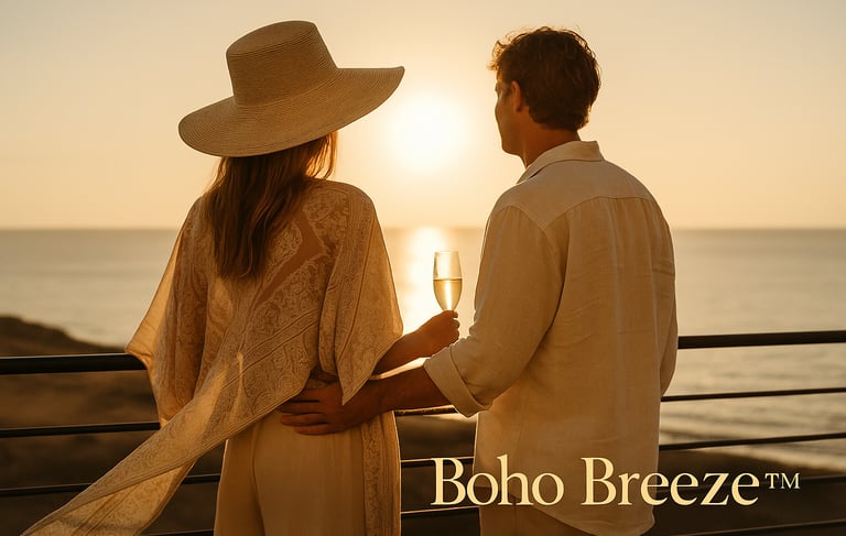 Coppia elegante in abbigliamento boho, con vista mare e spiaggia dorata al tramonto.