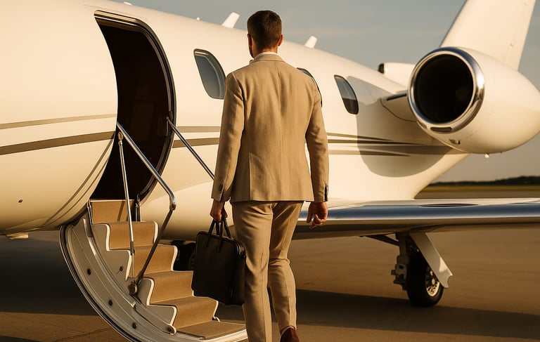 Viaggiatore elegante di spalle che sale sul jet privato.