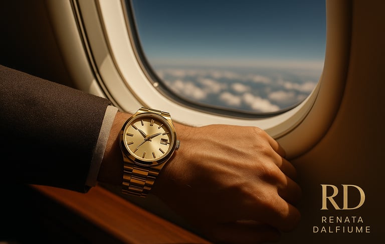 Polso che indossa orologio di lusso davanti al finestrino del jet privato.