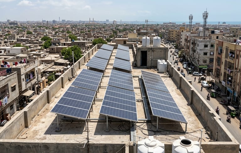 A rooftop solar panel installation on a residential building in a dense urban city.