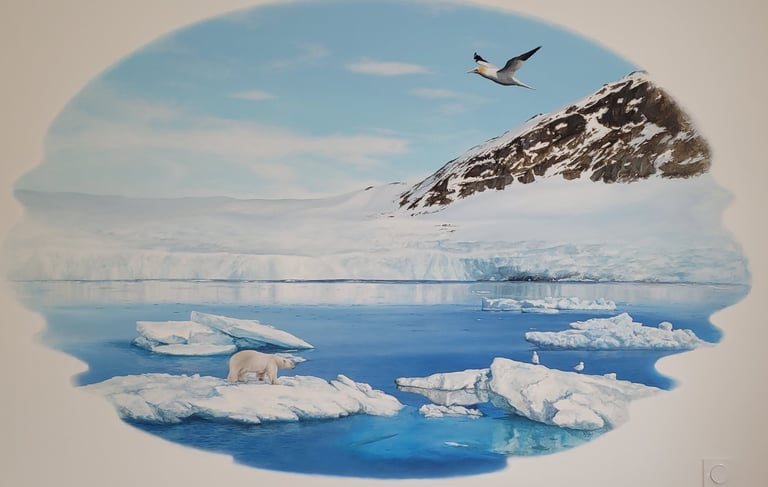 Peinture du glacier de Svalbard dans l'Arctique, ours sur iceberg et oiseaux