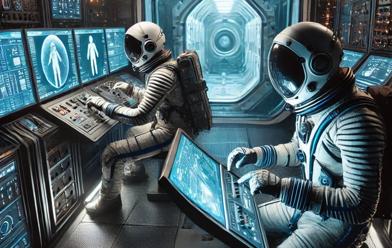 two astronauts in spacesuits with controls