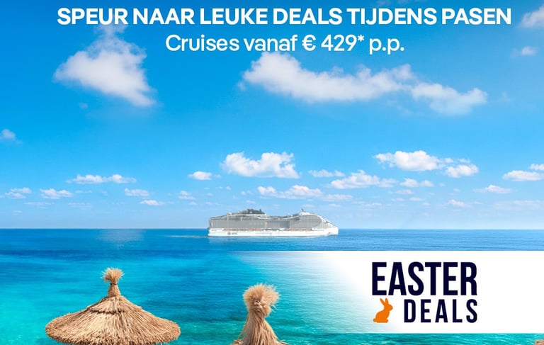 MSC Cruises Easter deals featuring a luxury ship sailing near a tropical beach with straw umbrellas.