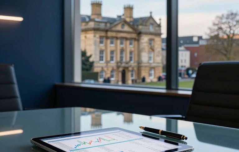 Professional photography of a modern British office interior in Bristol. A sleek glass table holds a digital tablet displaying financial data and a classic fountain pen. Through the window, the limestone architecture of Westbury on Trym is visible under a clear morning sky. High-end, corporate atmosphere with deep navy and soft light blue accents.