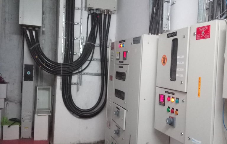 electrical room with cabels and panels