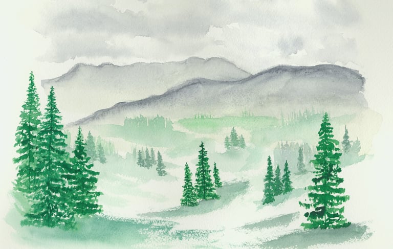 a watercolor painting of a mountain scene with trees in the foreground