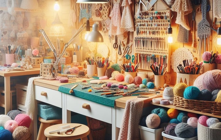 a room with a lot of yarn and yarn and crochet