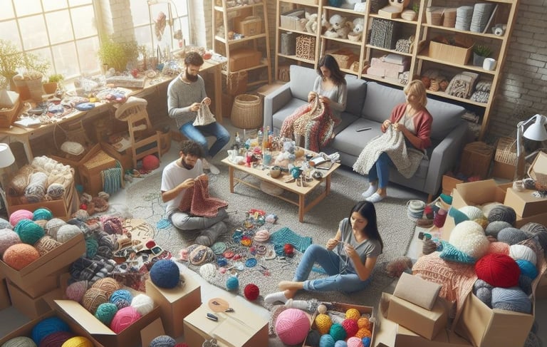 a group of people sitting around a living room crochet