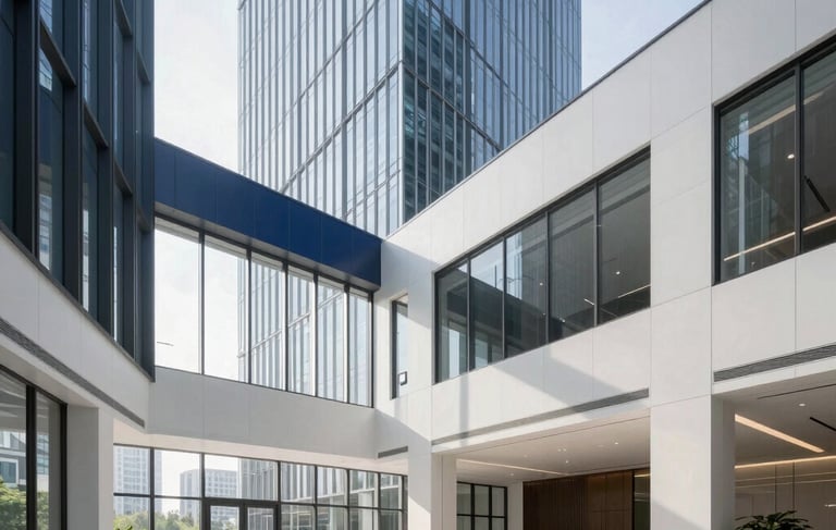 A wide-angle photography shot of a high-end corporate office lobby in a modern glass skyscraper. The interior features minimalist architecture with pure white walls and professional navy blue accents. Natural morning light streams through floor-to-ceiling windows, creating a clean and authoritative atmosphere. International / Global setting.