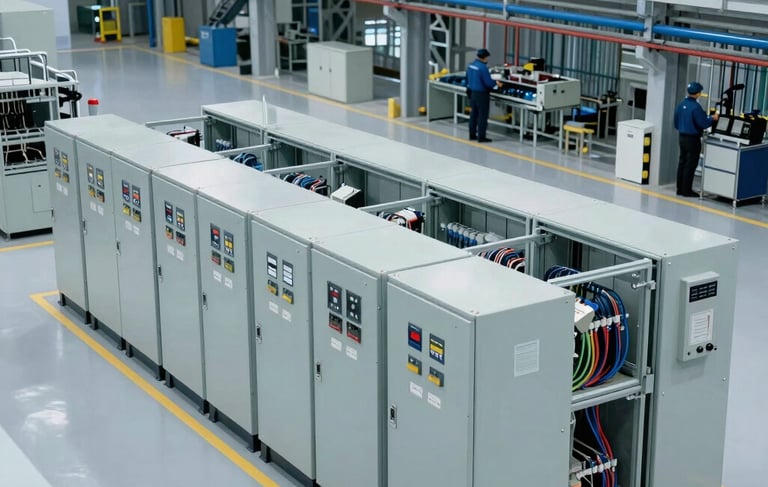A professional wide-angle photograph of a modern North American industrial factory floor. In the foreground, custom-wired electrical control panels are neatly aligned. The lighting is crisp and cool-toned, highlighting the steel gray machinery and clean light gray floors. Engineers in industrial attire are visible in the background working on cable tray systems. The aesthetic is precise, clean, and technologically advanced.