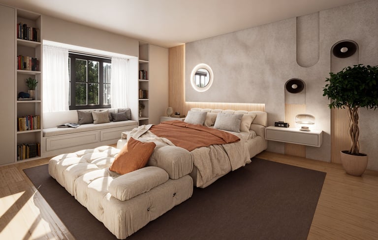 Modern bedroom with a window seat, built-in bookshelves, textured walls, and a low-profile tufted bed