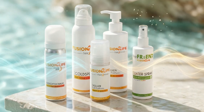 Fusion2Life  product lineup including face foam, cold spray, and roller bottles on a poolside ledge.