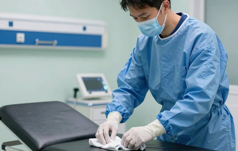 A professional cleaning technician in a modern medical setting in North American / US, wearing a face mask and protective blue gear, meticulously sanitizing a hospital exam table with a cloth. The background is a sterile, bright clinical room with light green and dark blue accents. Clean and sharp photography.