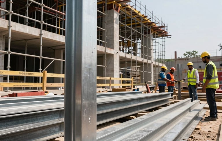 A professional photography shot of a modern South Asian construction site featuring scaffolding and high-grade steel fitting. The composition shows the scale of a building project under clear daylight, highlighting silver and charcoal building materials. In the background, South Asian contractors in professional safety gear manage the site, conveying reliability and expertise.