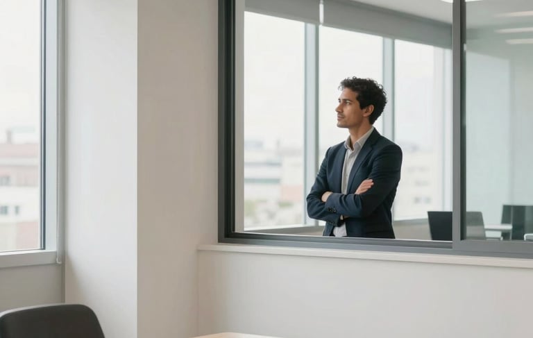 A professional photography shot of a bright, modern co-working space in a South American / Brazilian business hub. A professional individual is seen in the background looking through a large window with confidence. The scene is dominated by off-white and light blue tones, with clean lines and soft natural lighting that conveys empowerment and trust.