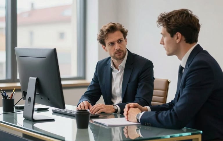 A high-end professional office setting in Bratislava, Slovakia, featuring a clean glass desk, dark blue and tan gold accents, soft natural light, and two professional consultants in smart attire discussing integrated business solutions. Photography style is crisp and modern.