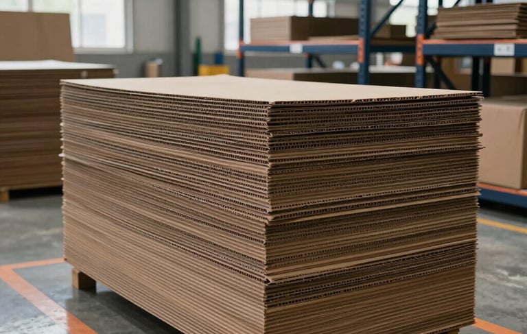 A clean, modern photography of a carton factory floor in Kuwait. High-quality stacks of corrugated cardboard sheets are organized neatly in a bright, professional facility. The scene is illuminated with natural light from high warehouse windows. The brand colors are represented by dark navy industrial shelving and orange safety markings on the polished concrete floor.