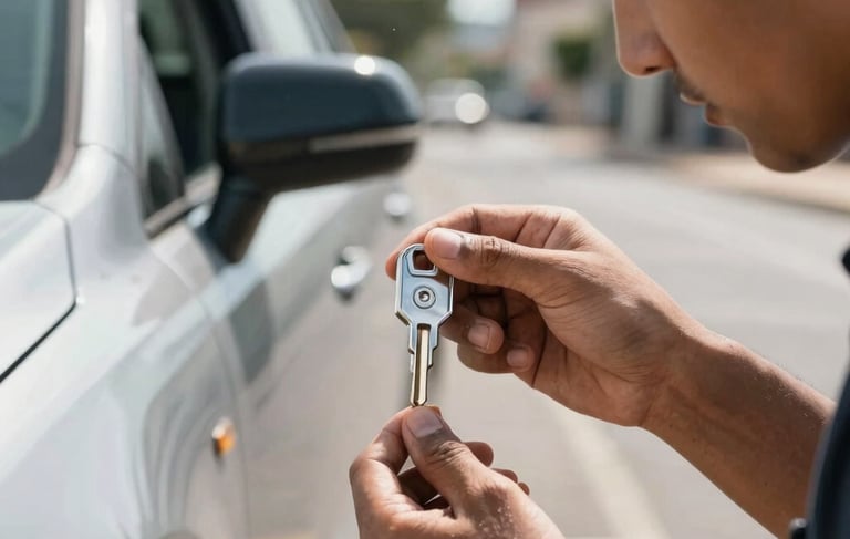 A professional South American / Brazilian locksmith at work, focusing on the detail of a silver car key being handled next to a modern vehicle. The lighting is bright and professional, highlighting the precision and trust of the service. Background shows a clean urban South American setting during the day.