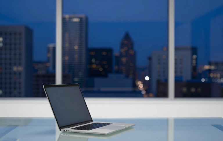 A high-end, minimalist creative agency office in a North American / European / Middle Eastern setting. The scene features a sleek glass desk with a slim laptop, overlooking a blurred city skyline at dusk. The lighting is sophisticated, emphasizing deep navy and royal blue tones with crisp white highlights and a clean, professional aesthetic.