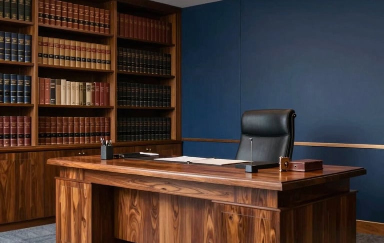 A high-end interior of a law firm office in Brazil, featuring a mahogany desk and a legal library with leather-bound books in the background. Soft, professional lighting illuminates the space. The composition includes slate blue and navy accents, conveying a South American executive style.