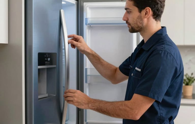 A professional technician in a clean navy blue uniform inspecting a modern refrigerator in a bright, contemporary Middle Eastern residential kitchen in Sharjah. Soft natural lighting, slate blue and white accents, high-quality professional photography.