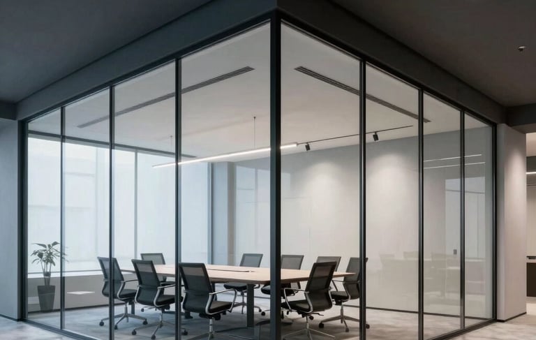 A high-end architectural photograph of a modern office interior in Central Europe, featuring a glass-walled meeting room, clean lines, and professional atmosphere. Soft lighting highlights materials like polished concrete and steel. The palette is dominated by Dark Slate Grey, Pale Blue Grey, and Very Light Grey.