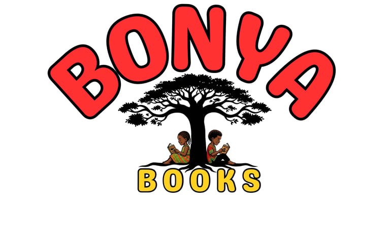 Bonya Books logo featuring a Baobab tree with two Black children reading underneath