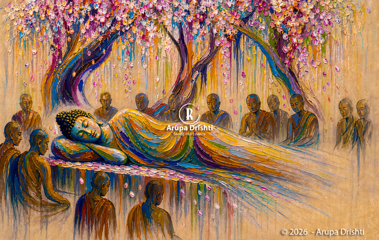 Textured impasto oil painting of a reclining Buddha surrounded by monks under colorful flowering trees.