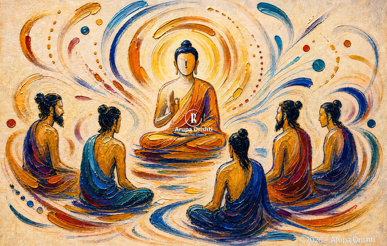 Textured oil painting of Buddha teaching five monks in a colorful, expressive impressionist style.