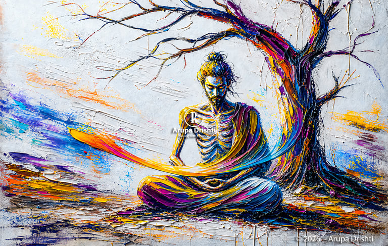 Siddhartha ends extreme fasting, realizing balance under a barren tree as harsh strokes fade and the Middle Path emerges.