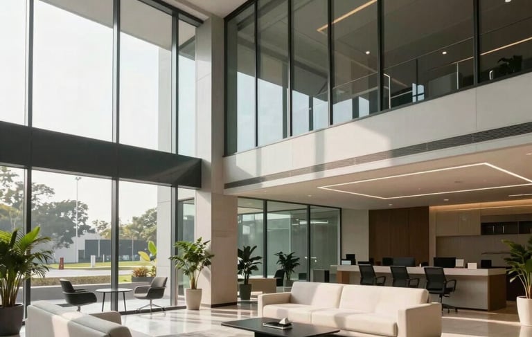 A wide-angle professional photograph of a contemporary corporate office lobby in Bengaluru, South Asian / Indian context. The architecture is sophisticated with glass facades and sleek minimalist furniture in off-white and slate dark tones. Soft natural morning sunlight fills the space, creating a trustworthy and global atmosphere.