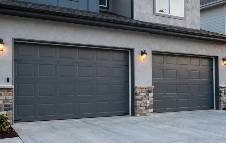 A professional wide-angle photograph of a modern North American residential home with two charcoal gray, insulated garage doors and high-quality hardware. The scene is shot in soft afternoon light on a clean concrete driveway, emphasizing reliability and professional craft. The color palette features slate blue and light gray tones.