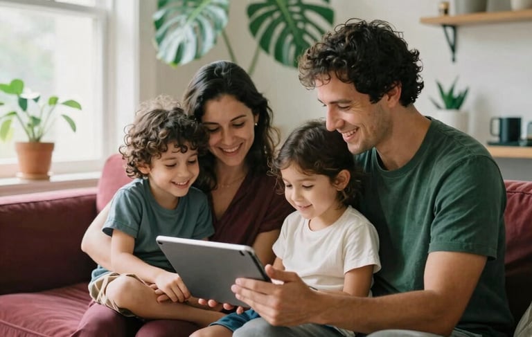 A warm, candid photograph of an international family in a bright, modern, plant-filled Scandinavian-style home, smiling together over a digital tablet, showcasing safety, wellness, and financial security. The scene is illuminated by soft, natural morning light coming through a large window. Accents of warm carmine red and deep forest green in the home decor tie into the brand colors. Shot on 35mm film, global / Brazilian and international.