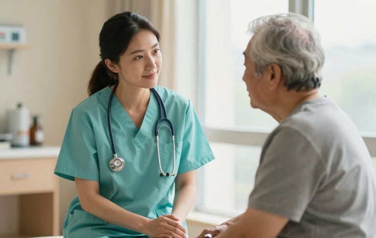 A professional North American healthcare setting where a caregiver in soft aqua scrubs and an elderly patient are sharing a supportive, compassionate conversation. The room is filled with warm cream light from a large window. High-quality photography with a shallow depth of field reflecting a trustworthy and professional atmosphere.