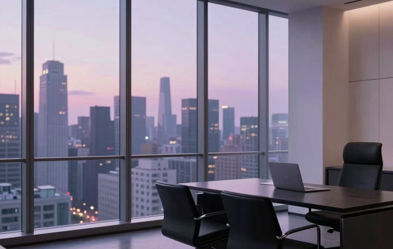 A high-end, minimal agency office space in a global metropolis. The room features floor-to-ceiling windows, sleek black furniture, and soft purple ambient lighting. In the background, a blurred international cityscape at dusk. Confident, premium, and results-driven aesthetic. Global / International.