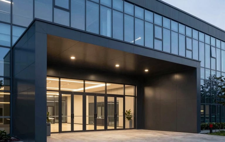 A high-end architectural shot of a modern industrial manufacturing facility entrance. Minimalist design with dark charcoal steel panels and a steel-blue glass facade. Clean concrete paths, soft evening lighting, professional atmosphere. Global / International English-speaking corporate setting.