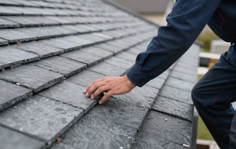 A close-up photograph of a professional roofer in dark blue attire inspecting a high-quality slate roof. The lighting is soft and bright, highlighting the texture of the grey tiles and the precision of the work. Western European residential setting, clean and modern aesthetic with a focus on craftsmanship.