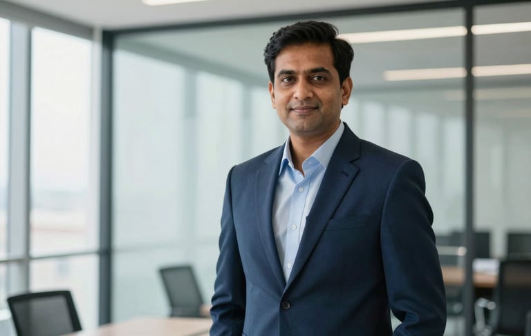 Professional corporate portrait of a confident South Asian / Indian male executive, wearing a sharp suit, standing in a modern office with glass walls, bright natural lighting, professional, trustworthy, dark blue and light blue color palette.