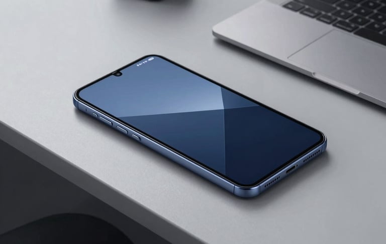 A high-angle professional photograph of a sleek, modern workstation in a North American / US tech office. A premium Android device with a minimalist screen interface rests on a clean gray surface. The lighting is bright and airy, featuring subtle reflections in steel blue and deep navy tones.