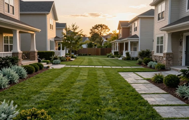 A professional wide-angle photograph of a pristine residential backyard in a North American suburb. The scene features a perfectly striped green lawn, elegant stone pavers, and a border of sage green and dark green ornamental shrubs. The lighting is the soft golden hour of a late afternoon, conveying a serene and sophisticated atmosphere.