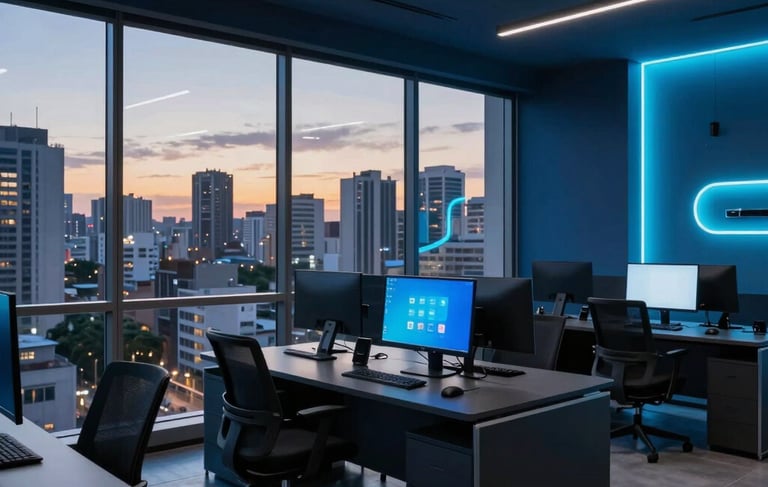 A high-end, wide-angle interior photograph of a sleek South American / Brazilian technology agency workspace at dusk. The room features dark blue and black furniture with electric cyan neon accents on the walls. Sophisticated lighting highlights modern computer setups and large glass windows overlooking a metropolitan cityscape, projecting a mood of innovation and reliability.