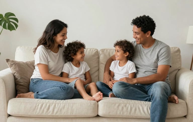 A South American / Brazilian family relaxing happily on a large, clean, cream-colored fabric sofa in a minimalist and organized living room. The scene is filled with soft natural light, conveying a professional sense of hygiene, comfort, and well-being. Photography in a professional lifestyle style.