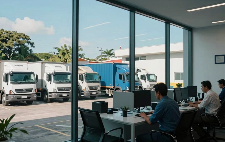 A professional photography shot of a modern logistics coordination office in Brazil during the day. Through large glass windows, a clean courtyard with trucks is visible. The interior has a dark teal and muted blue color scheme. South American / Brazilian setting with professional attire visible.