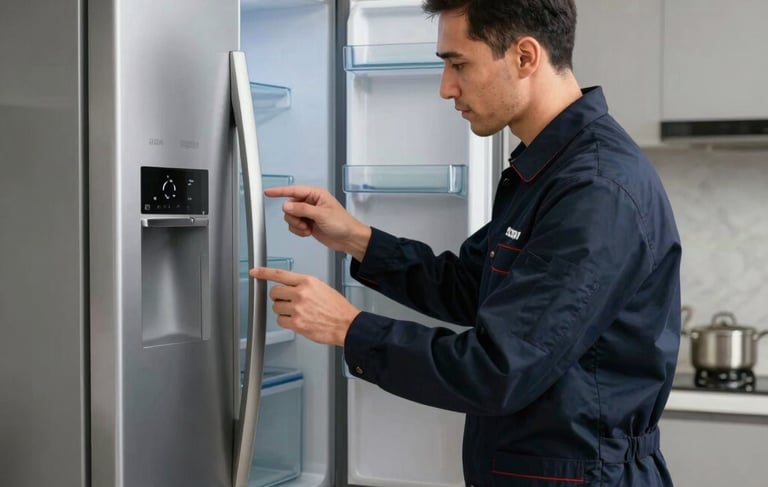 High-quality photography of a professional technician in a dark navy uniform diagnosing a modern refrigerator. The setting is a bright, clean Middle Eastern / Gulf residential kitchen with soft grey surfaces and professional lighting, conveying expertise.
