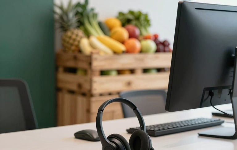 A clean, modern South American office interior in Brazil focusing on a professional customer service workstation. A desk features a modern headset and a sleek monitor, while in the blurred background, a rustic wooden crate filled with fresh, colorful tropical fruits and vegetables highlights the food commerce specialty. Soft natural daylight illuminates the scene with deep green and off-white accents.